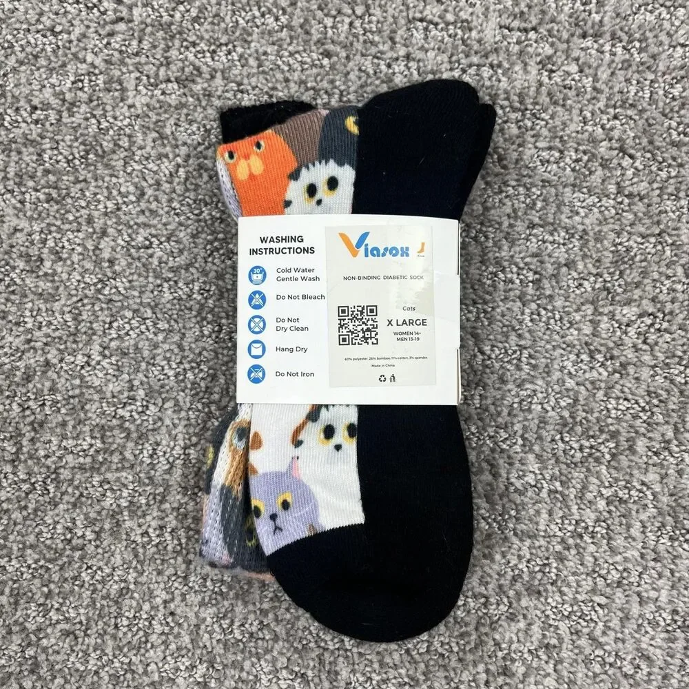 Viasox EasyStretch Sock Adult XL Colorful Cat Print Diabetic Novelty Compression
